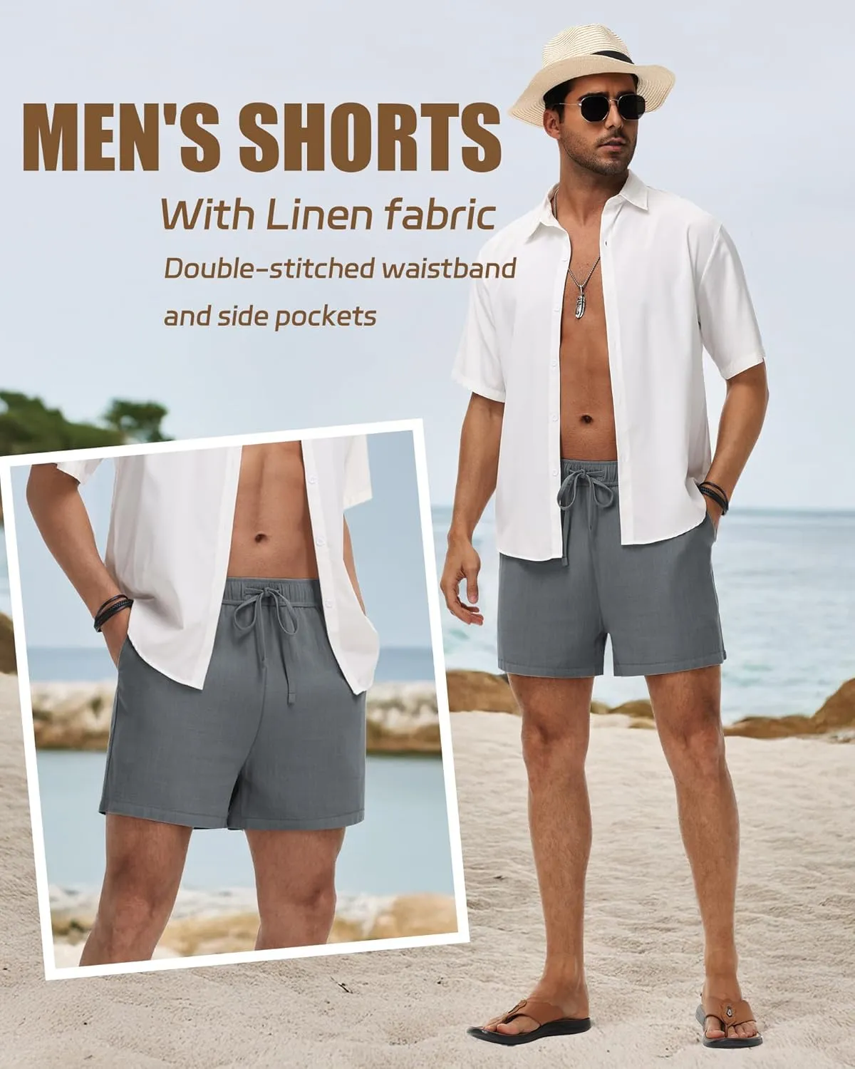 Neer 3 Pack Men's Linen Shorts Casual Cotton Lightweight Elastic Waist Drawstring Summer Shorts with Pockets