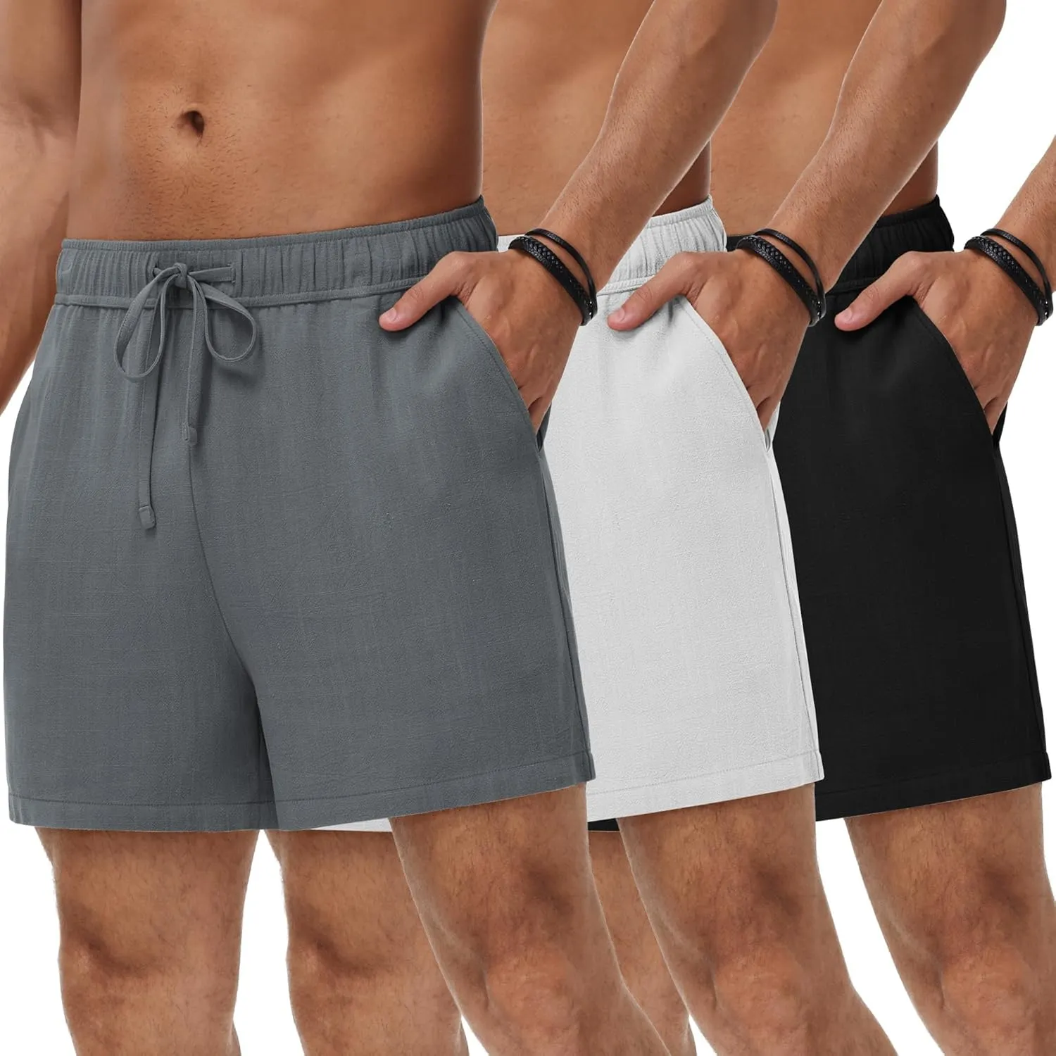 Neer 3 Pack Men's Linen Shorts Casual Cotton Lightweight Elastic Waist Drawstring Summer Shorts with Pockets