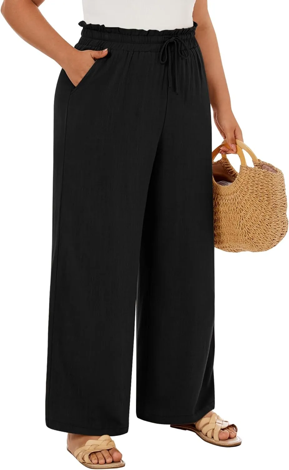 Neer Women's Plus Size Linen Pants High Waist Wide Leg Casual Drawstring Loose Straight Palazzo Pants with Pockets