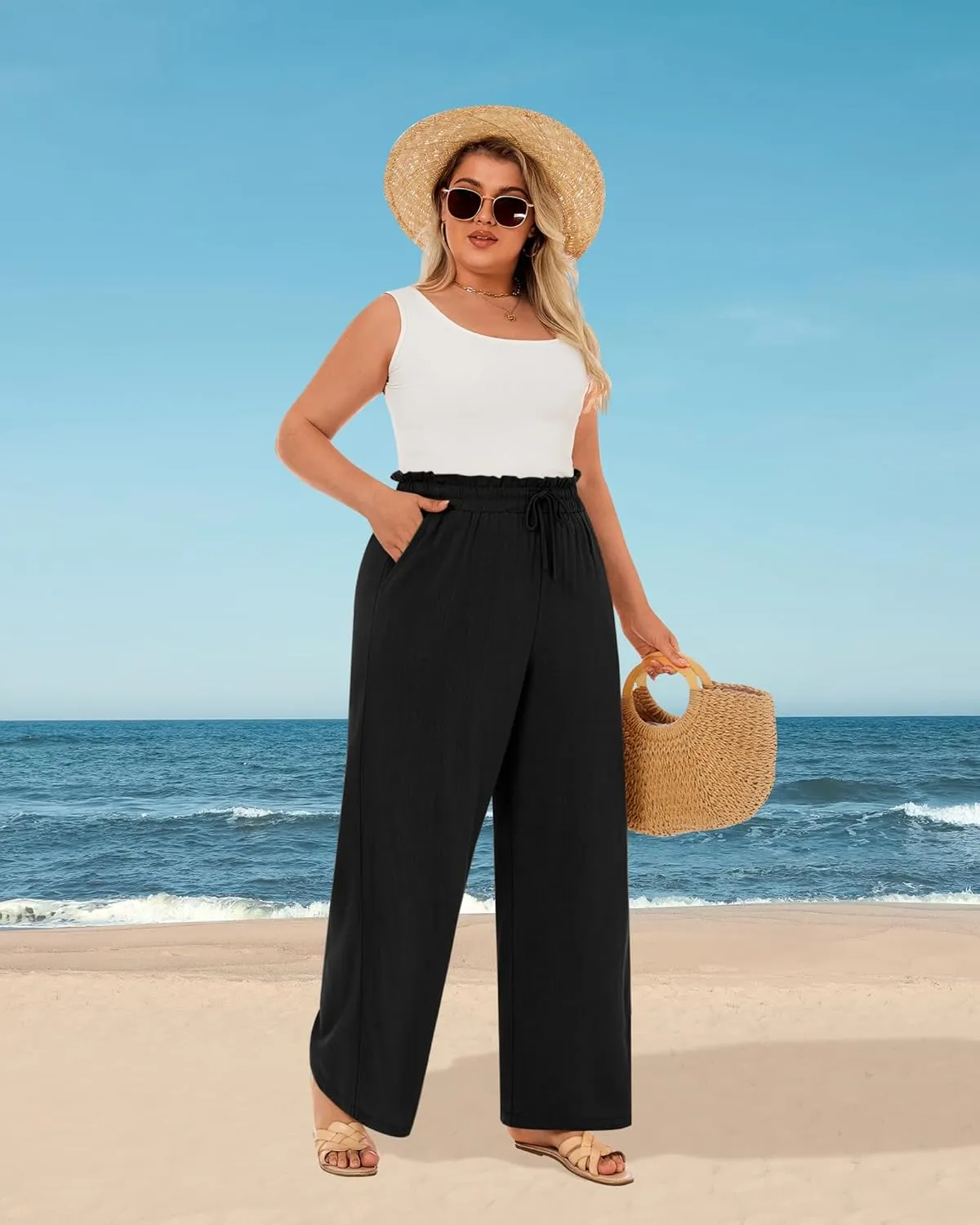 Neer Women's Plus Size Linen Pants High Waist Wide Leg Casual Drawstring Loose Straight Palazzo Pants with Pockets