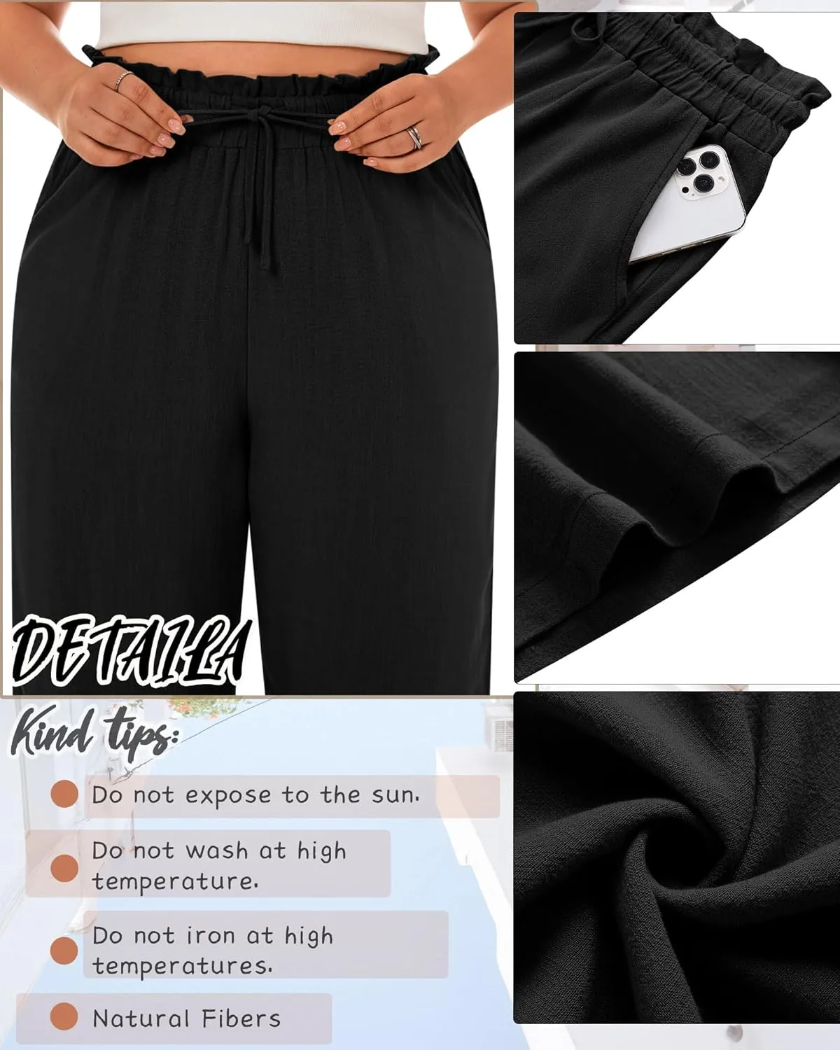 Neer Women's Plus Size Linen Pants High Waist Wide Leg Casual Drawstring Loose Straight Palazzo Pants with Pockets