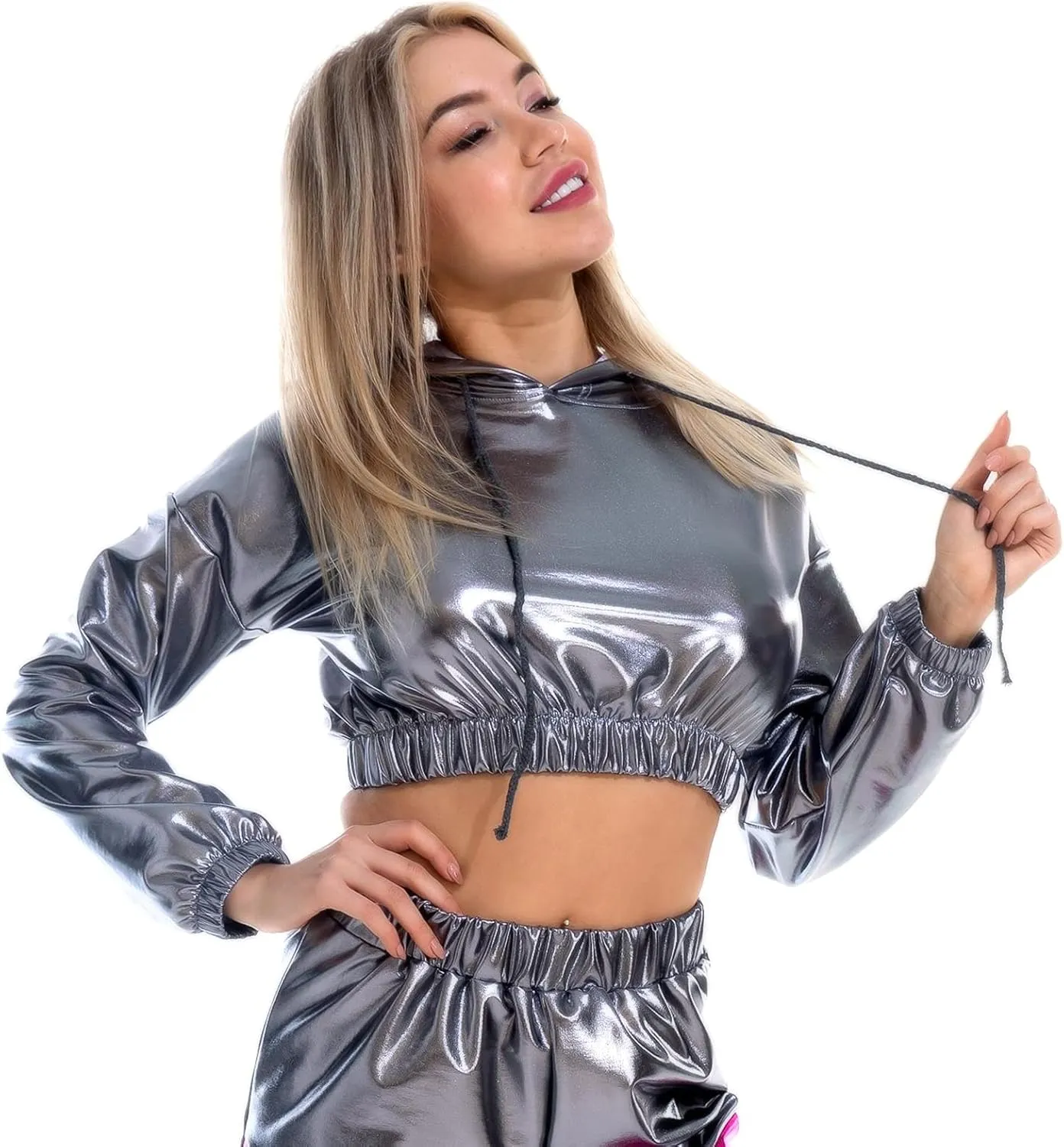 OBEEII Womens Shiny Metallic Crop Top Hoodies Drawstring Long Sleeve Wet Look Pullover Holographic Sweatshirts Club Wear
