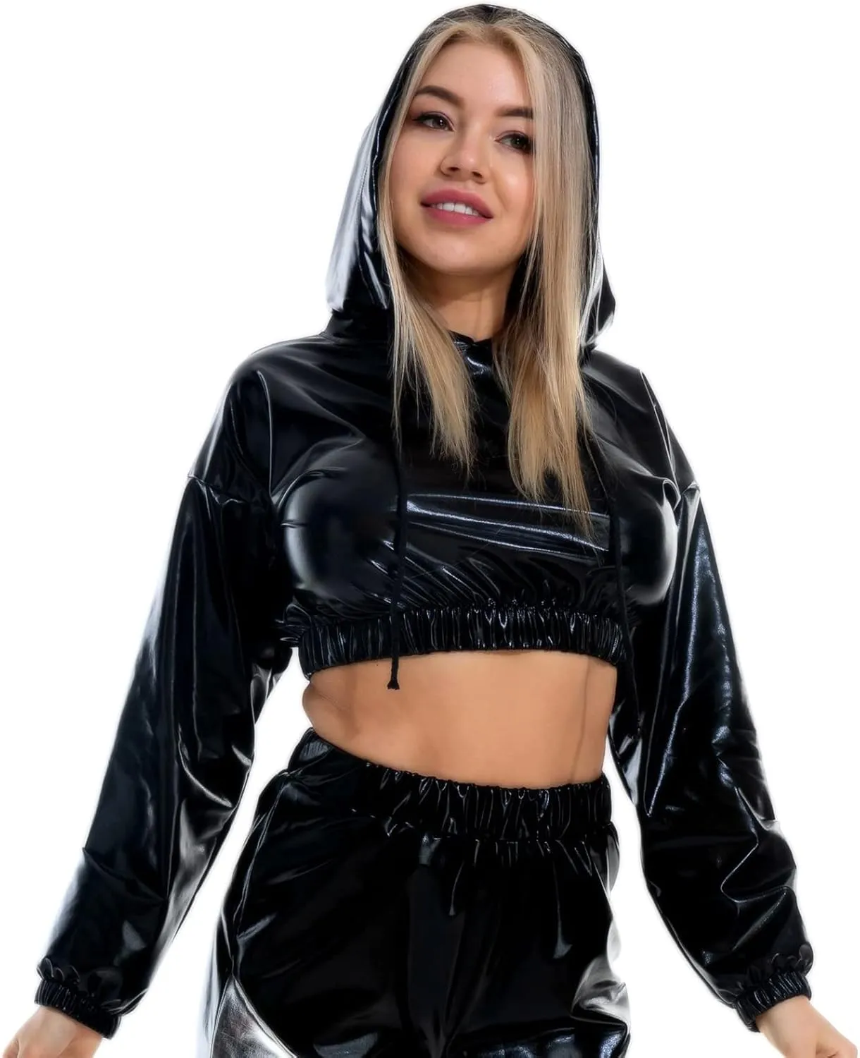 OBEEII Womens Shiny Metallic Crop Top Hoodies Drawstring Long Sleeve Wet Look Pullover Holographic Sweatshirts Club Wear