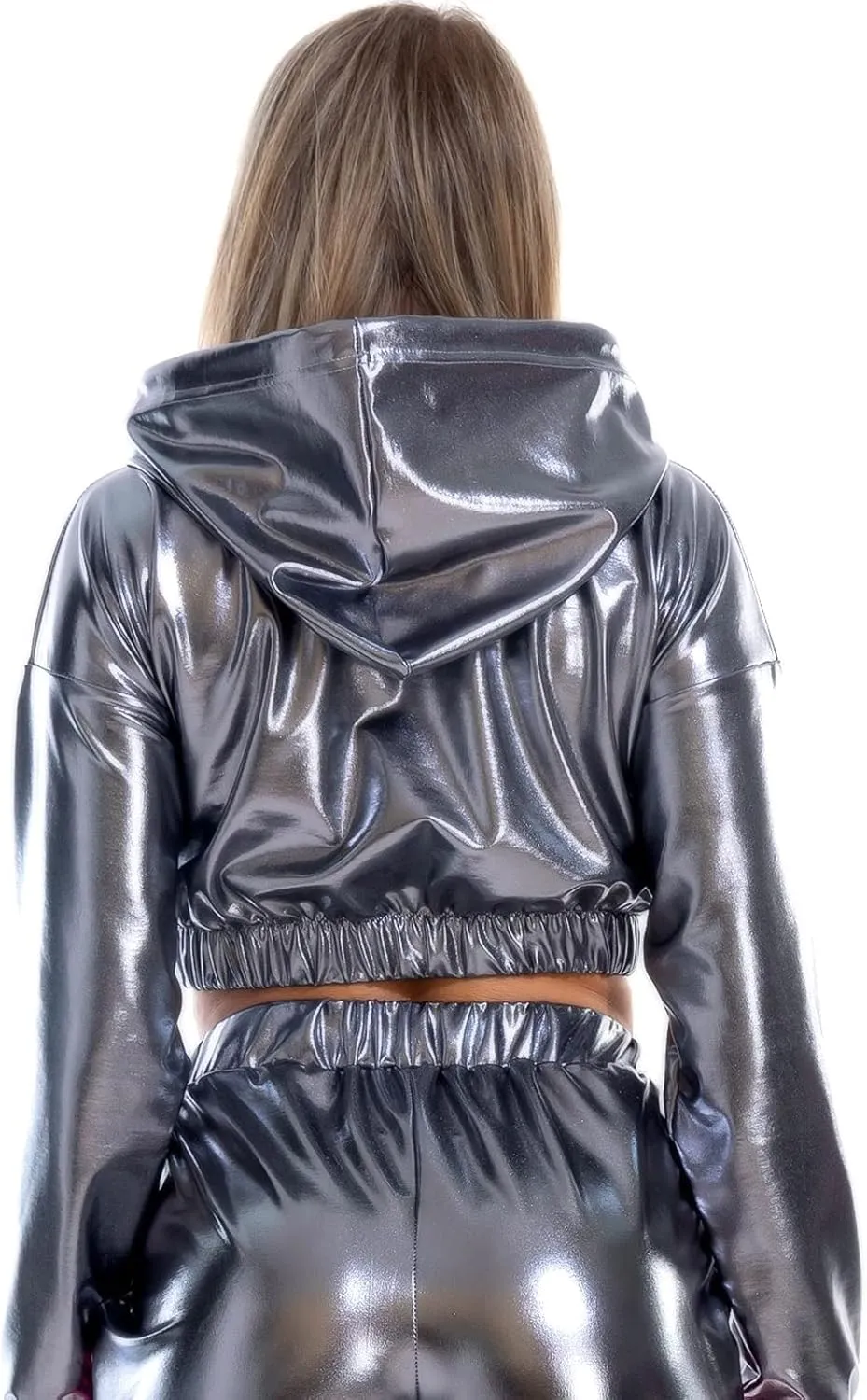 OBEEII Womens Shiny Metallic Crop Top Hoodies Drawstring Long Sleeve Wet Look Pullover Holographic Sweatshirts Club Wear