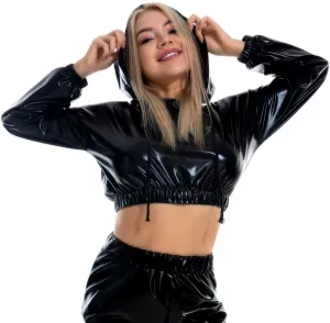 OBEEII Womens Shiny Metallic Crop Top Hoodies Drawstring Long Sleeve Wet Look Pullover Holographic Sweatshirts Club Wear