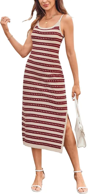 OUGES Womens 2025 Spring Maternity Striped Dress Spaghetti Strap Bodycon Knit Side Slit Midi Sweater Casual Dress