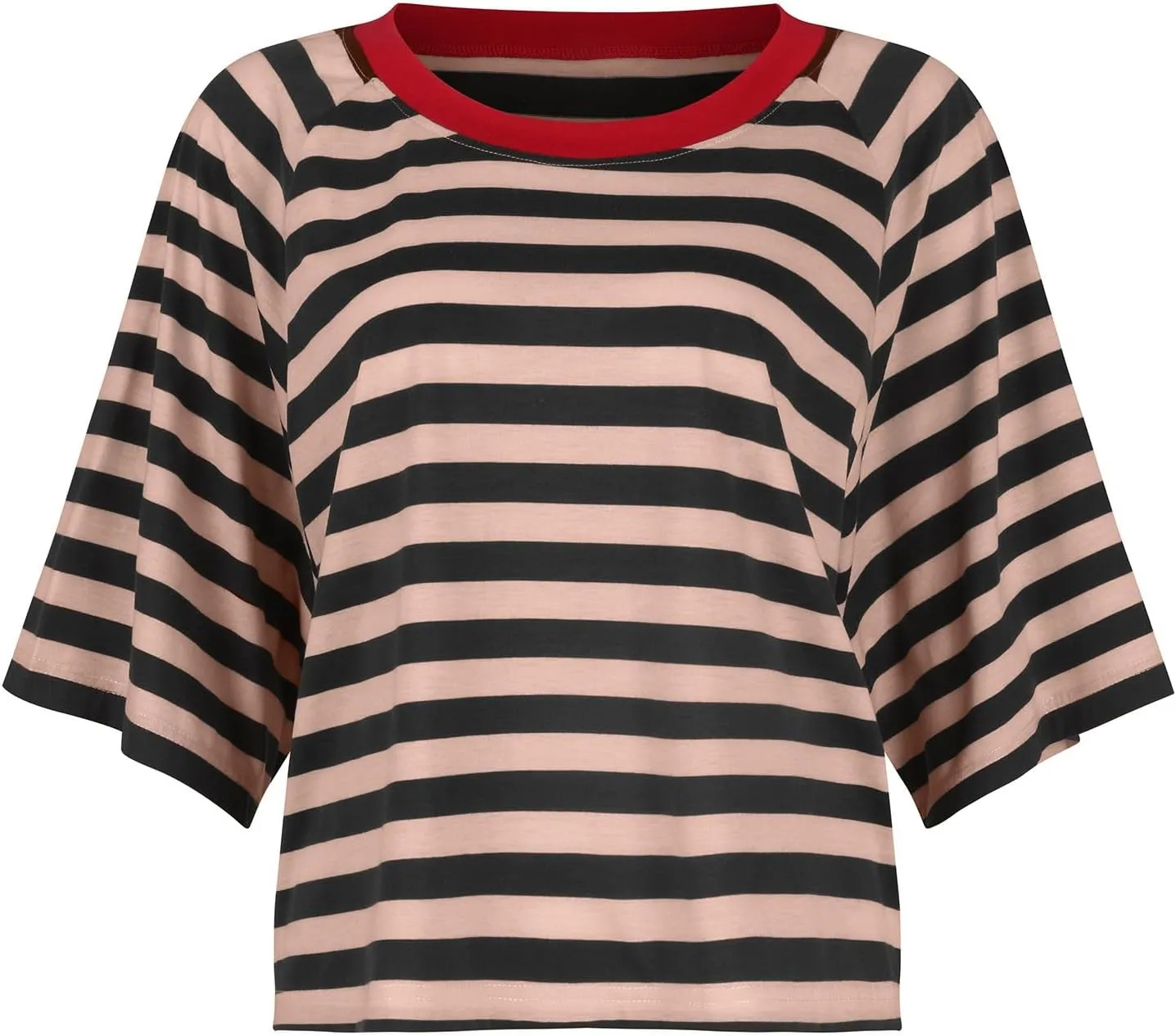 Oversized Tshirts for Women Striped Crew Neck Elbow Sleeve Tops Summer Color Block Half Sleeve Casual Blouses