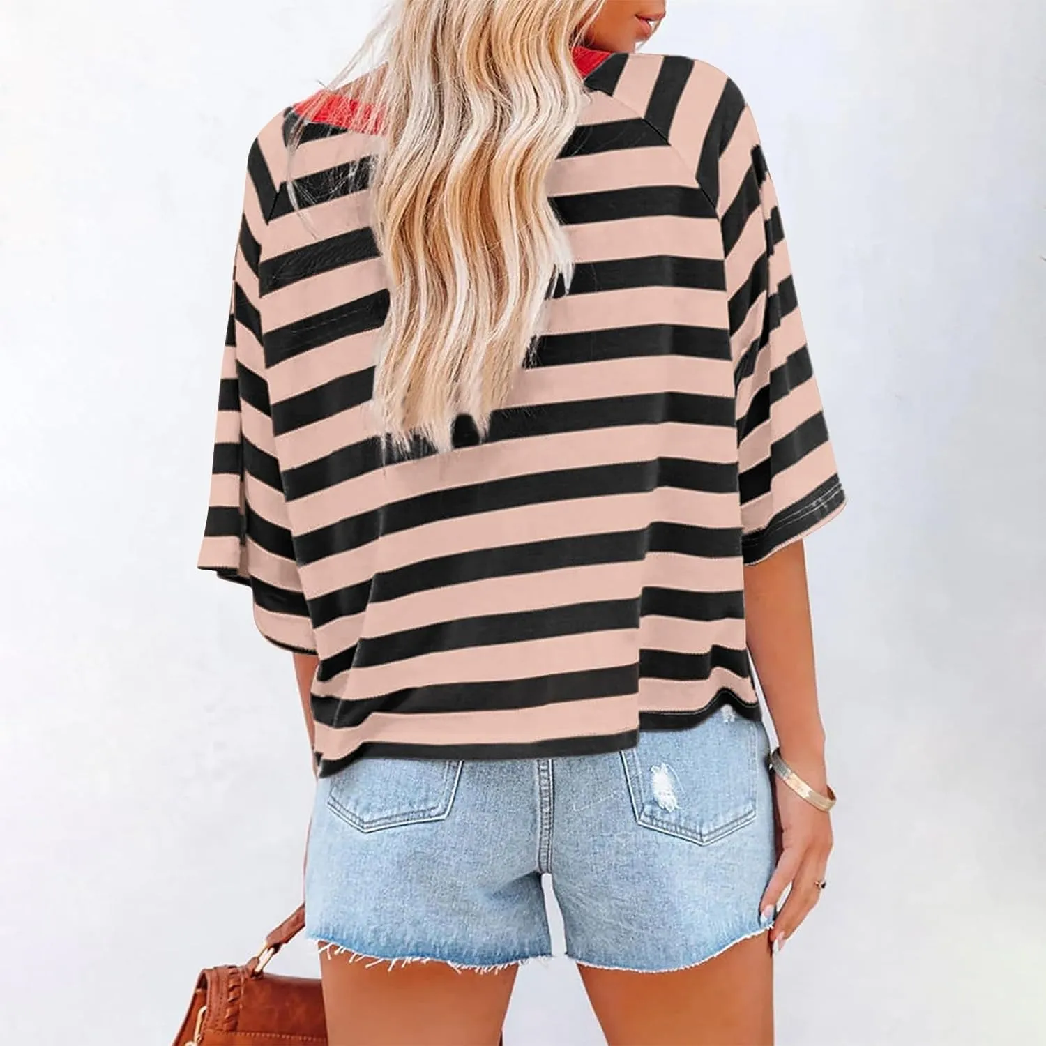 Oversized Tshirts for Women Striped Crew Neck Elbow Sleeve Tops Summer Color Block Half Sleeve Casual Blouses