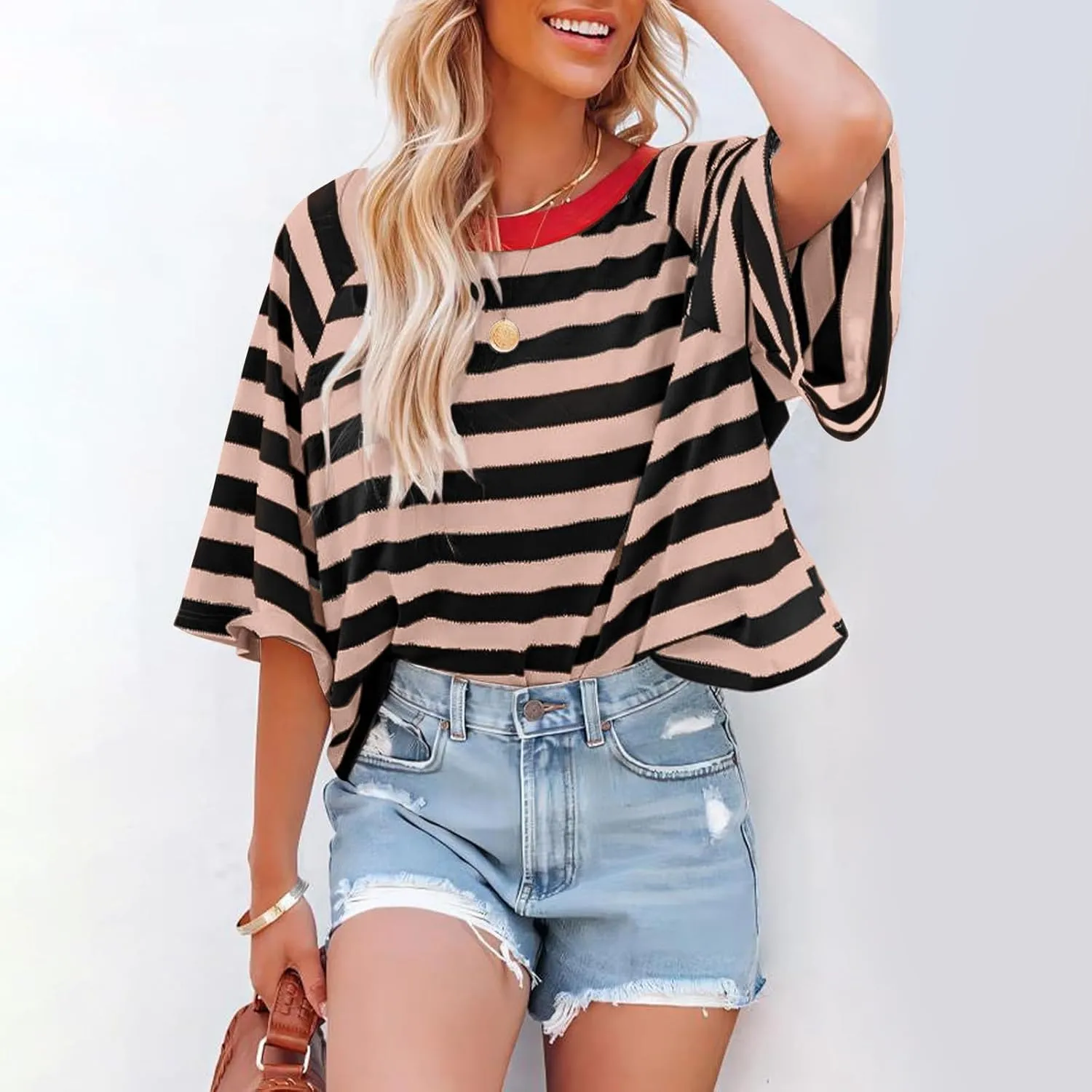 Oversized Tshirts for Women Striped Crew Neck Elbow Sleeve Tops Summer Color Block Half Sleeve Casual Blouses
