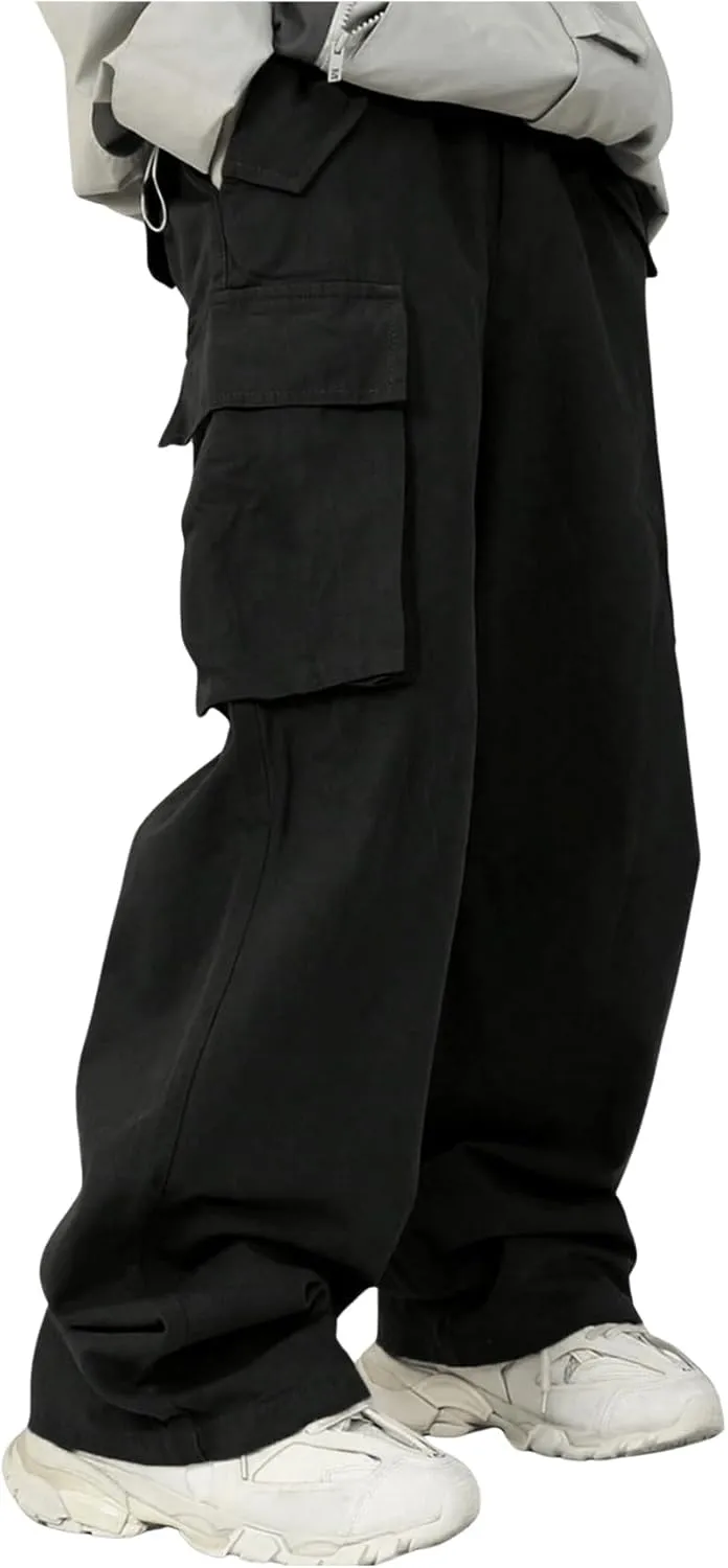 OYOANGLE Boy's Baggy Cargo Pants Flap Pocket Straight Leg Jogging Pants Solid Athletic Casual Trousers Black 11Y