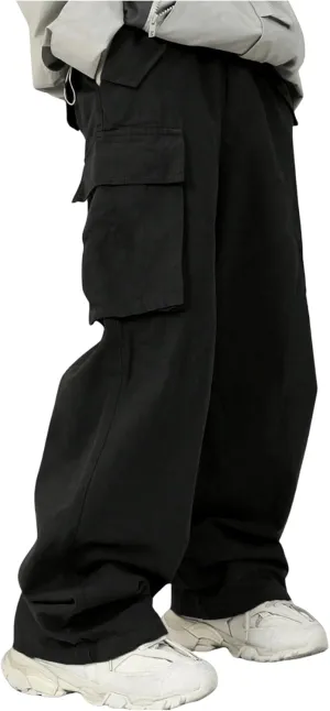 OYOANGLE Boy's Baggy Cargo Pants Flap Pocket Straight Leg Jogging Pants Solid Athletic Casual Trousers Black 11Y