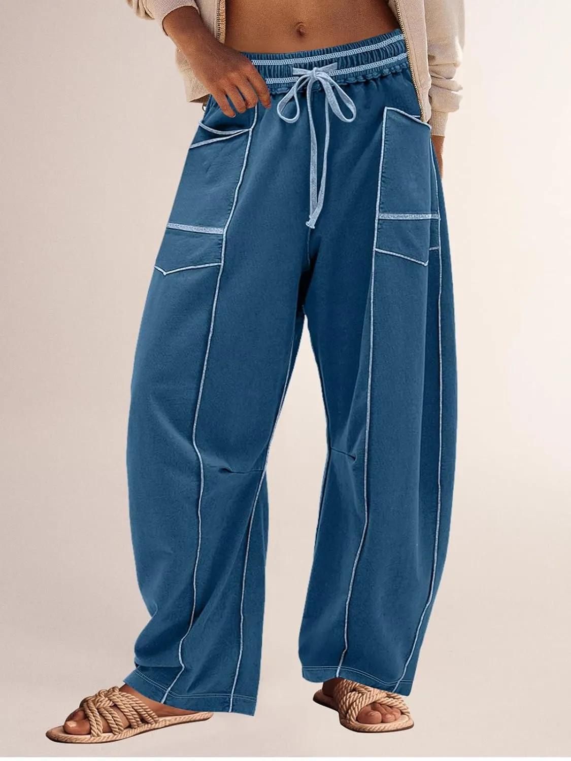Panadila Womens Barrel Pants Drawstring Wide Leg Sweatpants Baggy Summer Lounge Pants Casual Beach Trousers
