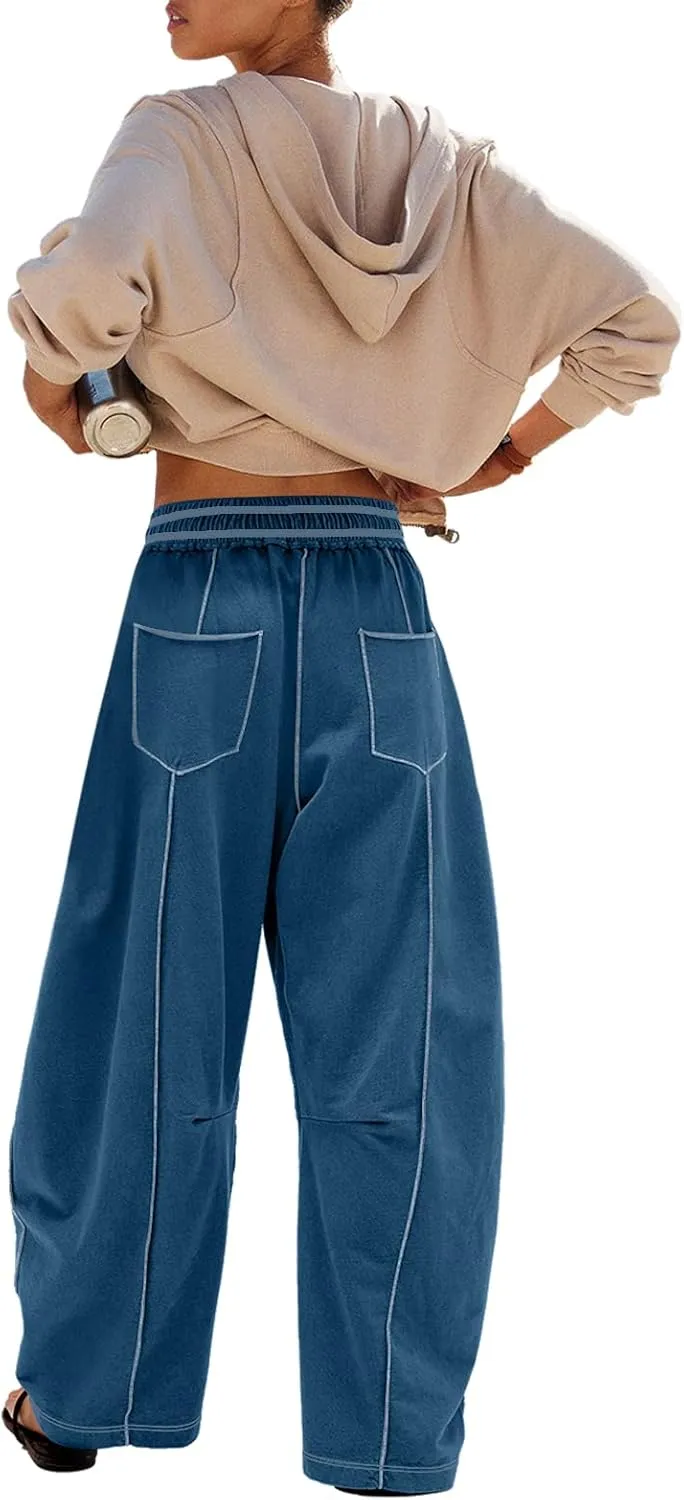 Panadila Womens Barrel Pants Drawstring Wide Leg Sweatpants Baggy Summer Lounge Pants Casual Beach Trousers