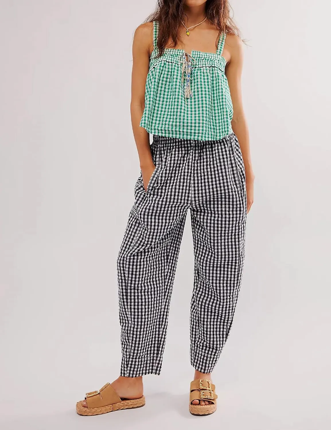 PEHMEA Women's Gingham Lounge Pants with Pockets, Wide Leg Pajama Elastic Waist Casual Loose Fit Checkered Long Trousers