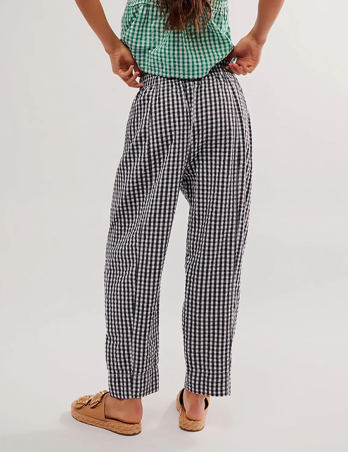 PEHMEA Women's Gingham Lounge Pants with Pockets, Wide Leg Pajama Elastic Waist Casual Loose Fit Checkered Long Trousers