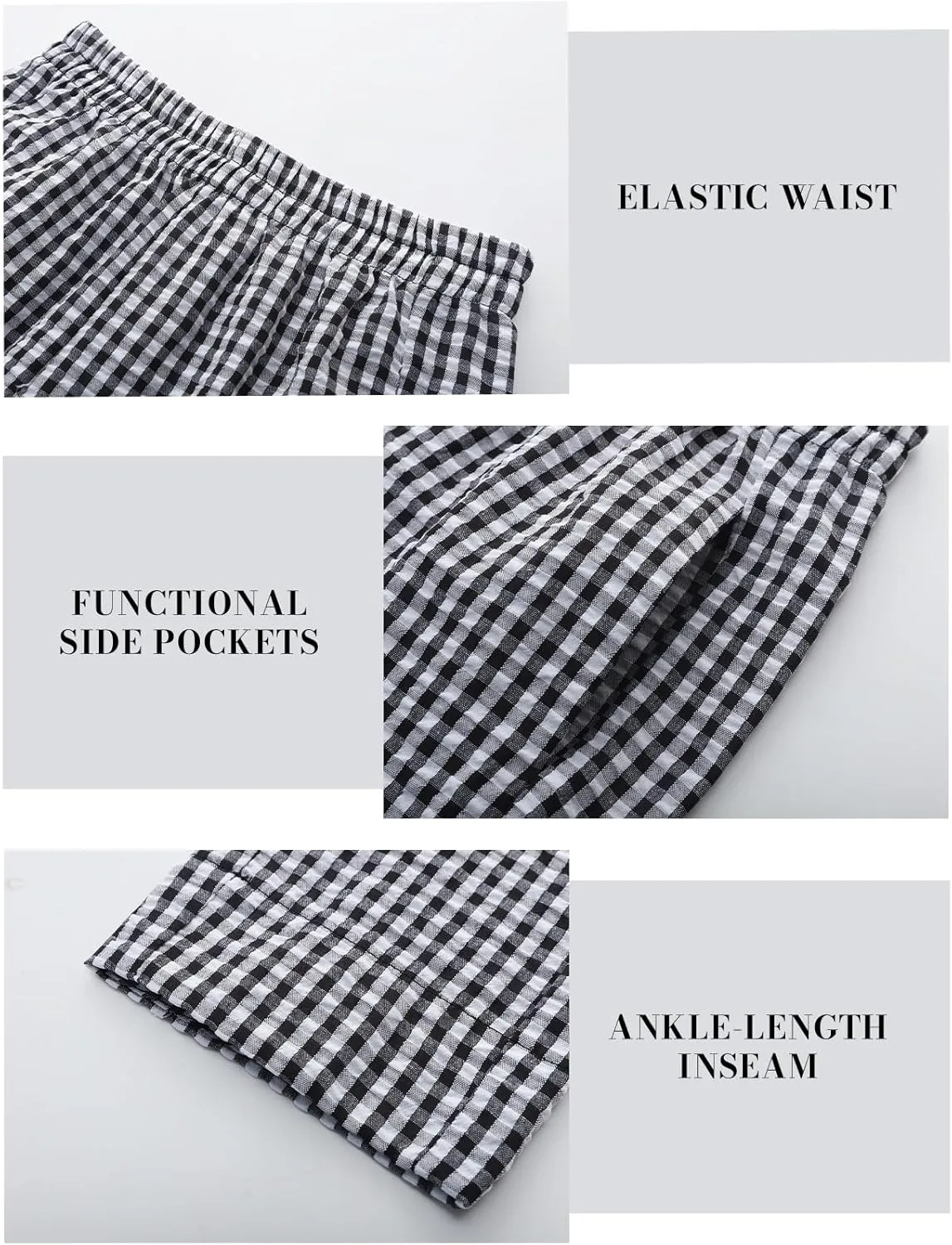 PEHMEA Women's Gingham Lounge Pants with Pockets, Wide Leg Pajama Elastic Waist Casual Loose Fit Checkered Long Trousers