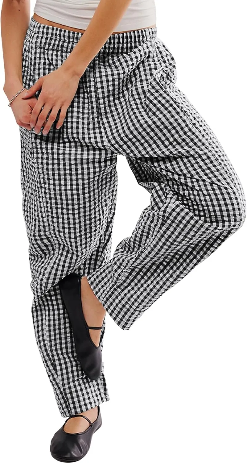 PEHMEA Women's Gingham Lounge Pants with Pockets, Wide Leg Pajama Elastic Waist Casual Loose Fit Checkered Long Trousers