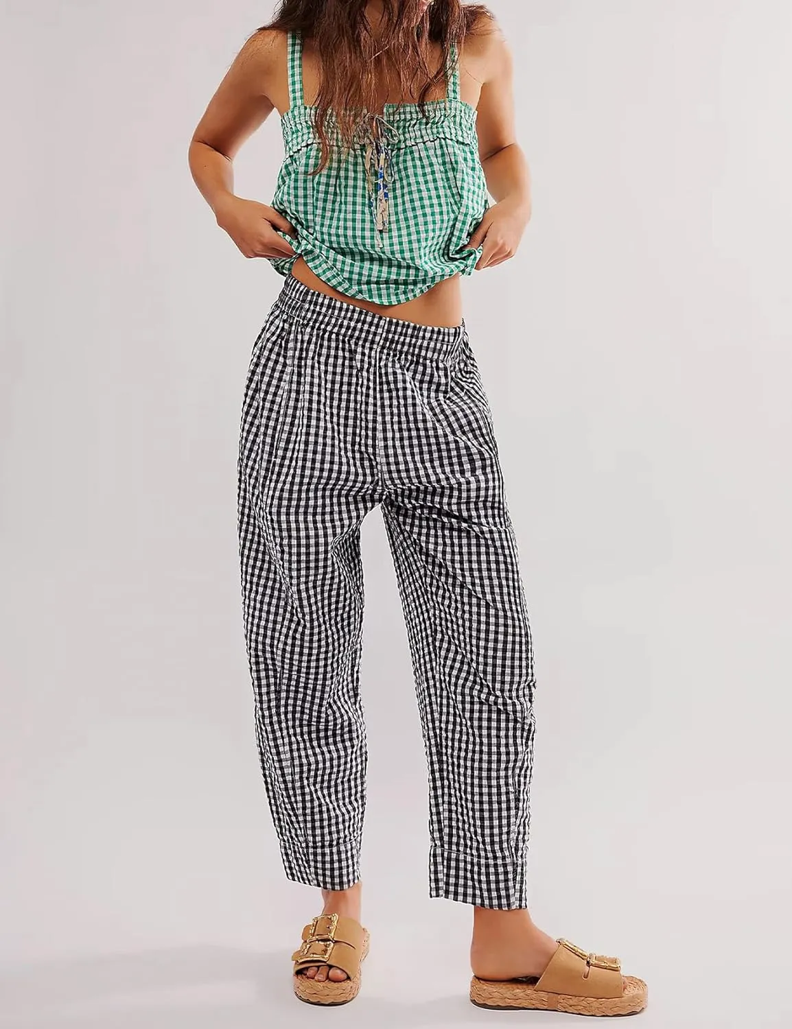 PEHMEA Women's Gingham Lounge Pants with Pockets, Wide Leg Pajama Elastic Waist Casual Loose Fit Checkered Long Trousers