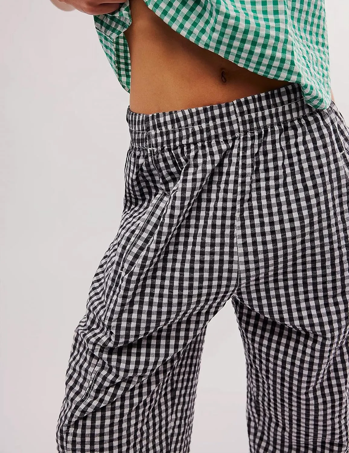 PEHMEA Women's Gingham Lounge Pants with Pockets, Wide Leg Pajama Elastic Waist Casual Loose Fit Checkered Long Trousers
