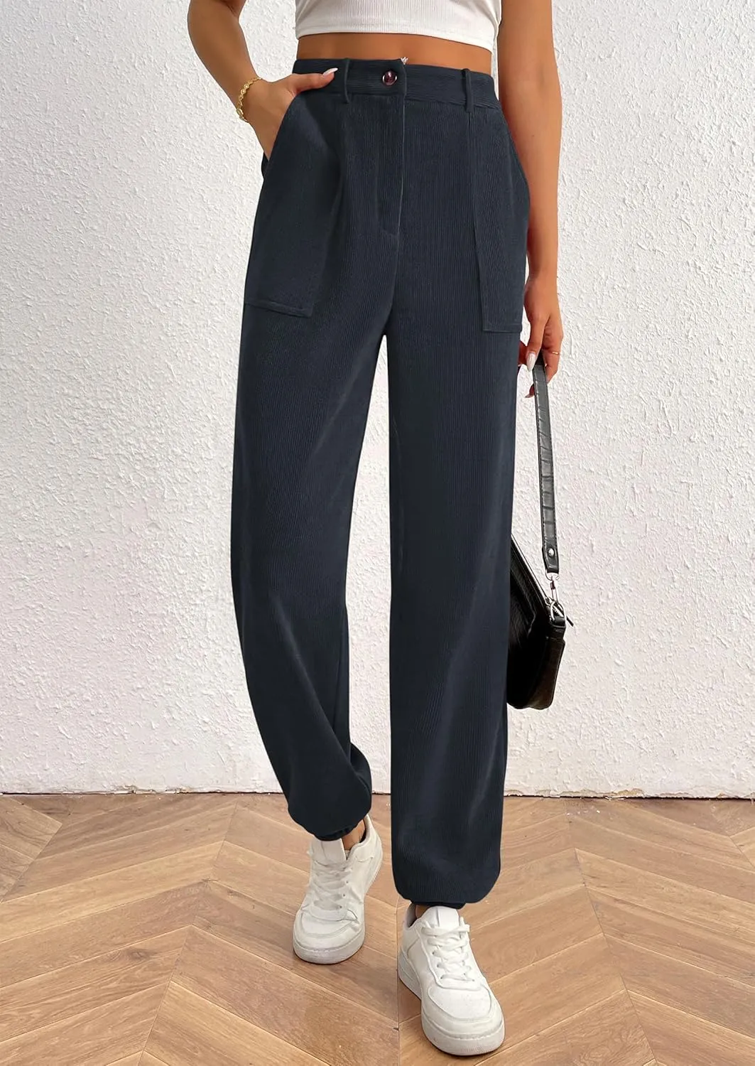 PRETTYGARDEN Women's Dressy Casual Pants Elastic High Waisted Work Office Corduroy Trouser Slacks with Pockets
