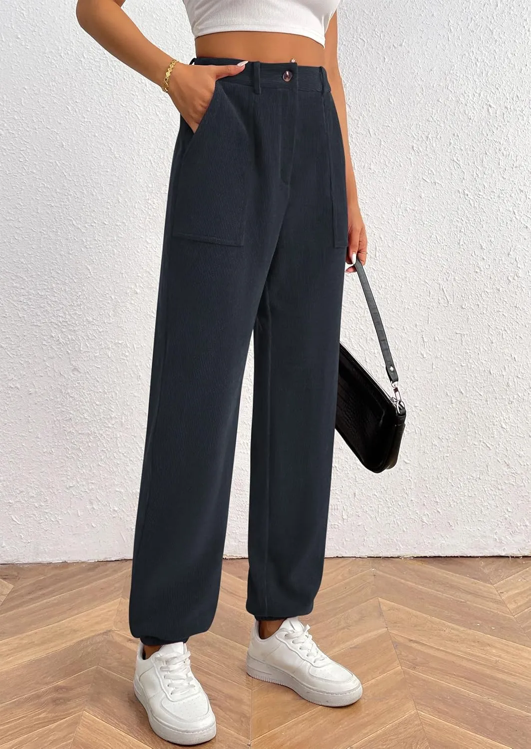 PRETTYGARDEN Women's Dressy Casual Pants Elastic High Waisted Work Office Corduroy Trouser Slacks with Pockets