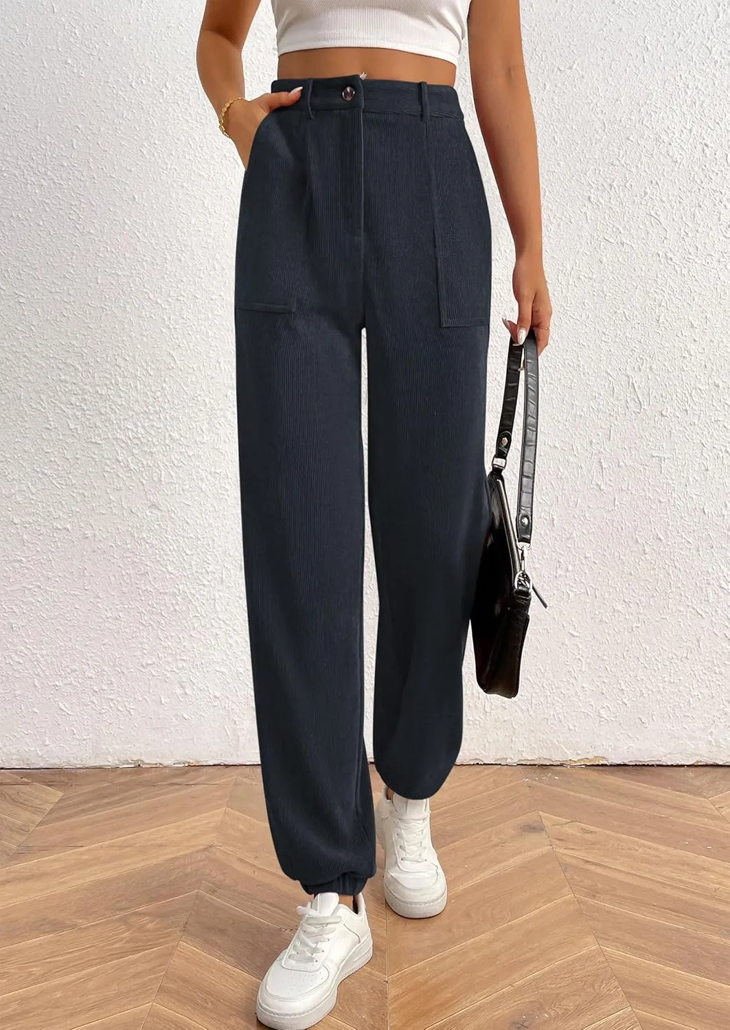PRETTYGARDEN Women's Dressy Casual Pants Elastic High Waisted Work Office Corduroy Trouser Slacks with Pockets