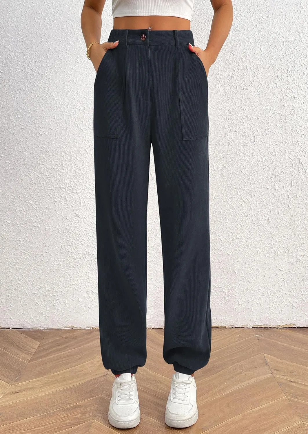 PRETTYGARDEN Women's Dressy Casual Pants Elastic High Waisted Work Office Corduroy Trouser Slacks with Pockets