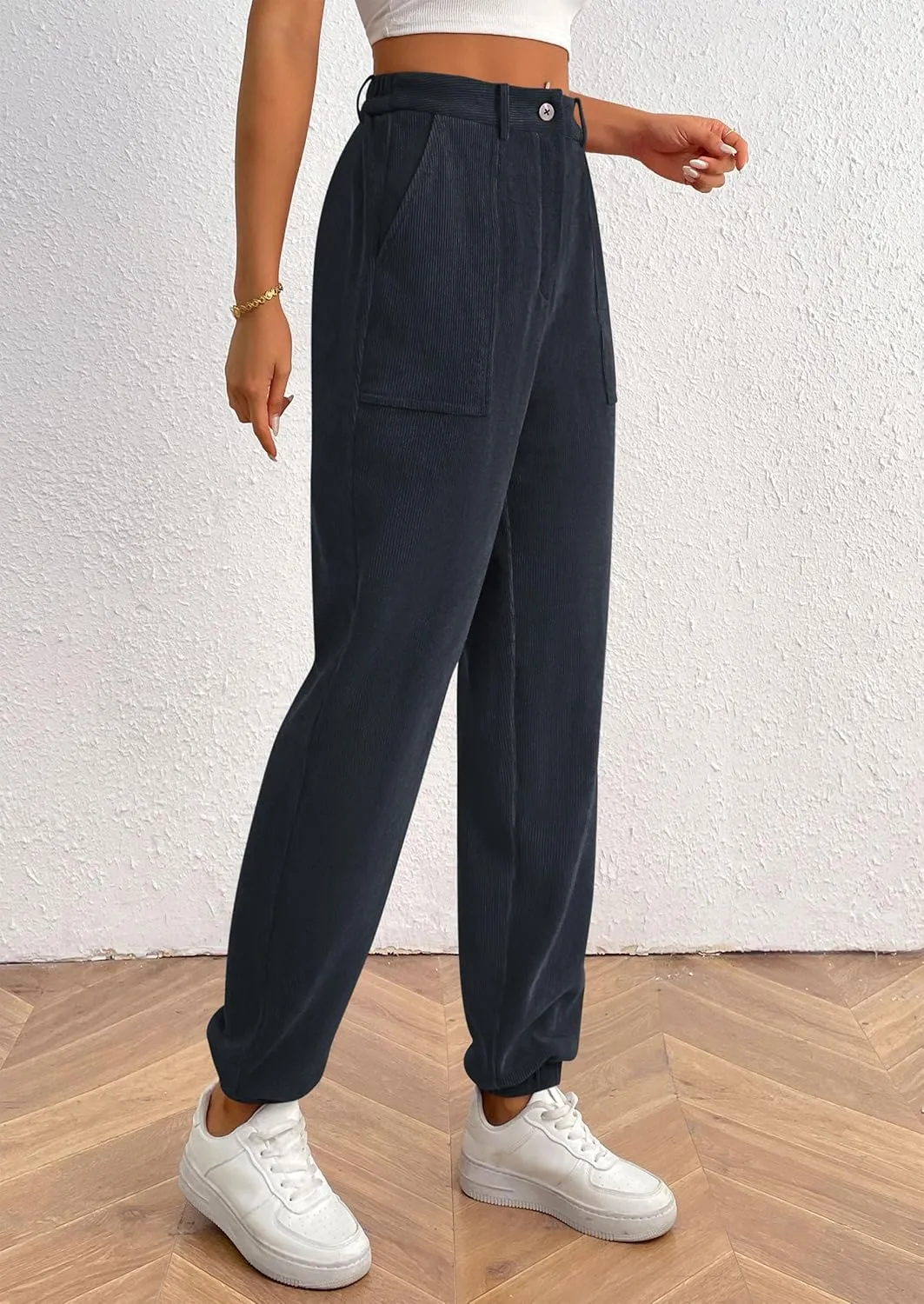 PRETTYGARDEN Women's Dressy Casual Pants Elastic High Waisted Work Office Corduroy Trouser Slacks with Pockets