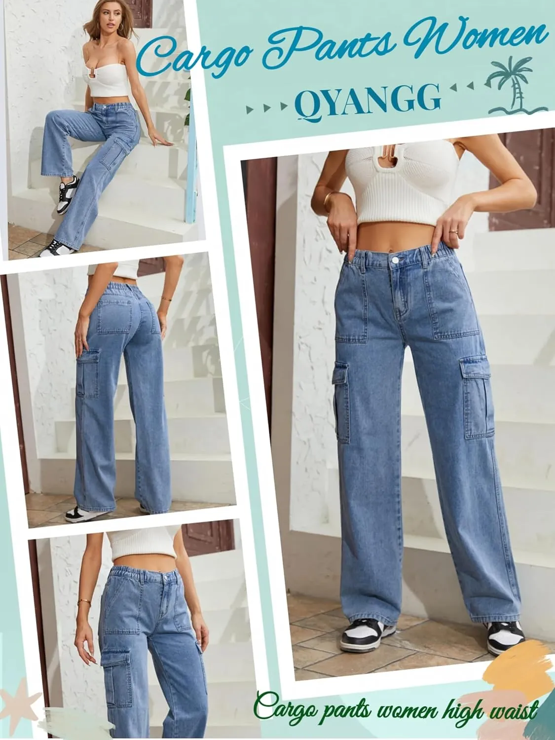 QYANGG High Waist Stretch Cargo Pants Women Baggy Multiple Pockets Relaxed Fit Straight Wide Leg Y2K Pants