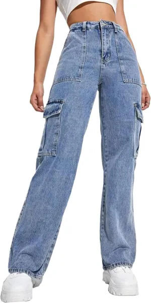 QYANGG High Waist Stretch Cargo Pants Women Baggy Multiple Pockets Relaxed Fit Straight Wide Leg Y2K Pants