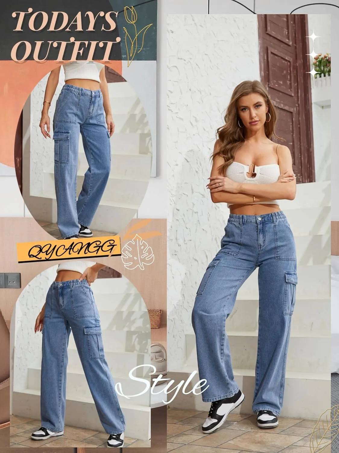 QYANGG High Waist Stretch Cargo Pants Women Baggy Multiple Pockets Relaxed Fit Straight Wide Leg Y2K Pants