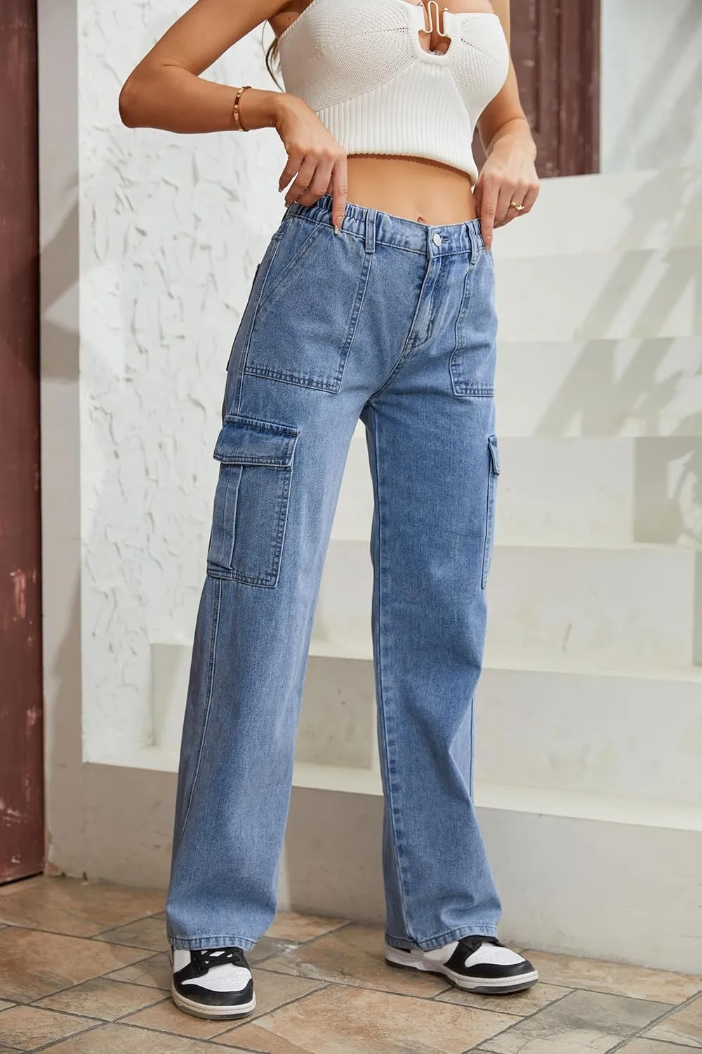 QYANGG High Waist Stretch Cargo Pants Women Baggy Multiple Pockets Relaxed Fit Straight Wide Leg Y2K Pants