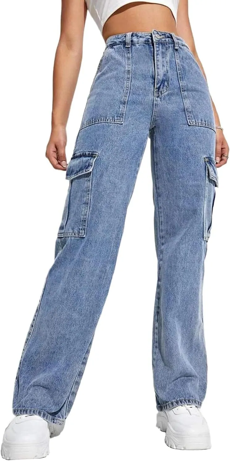 QYANGG High Waist Stretch Cargo Pants Women Baggy Multiple Pockets Relaxed Fit Straight Wide Leg Y2K Pants
