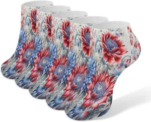 Red And Blue Flowers 5 Pairs Ankle Socks Comfort Athletic Socks Low Cut Breathable Casual Sock for Unisex