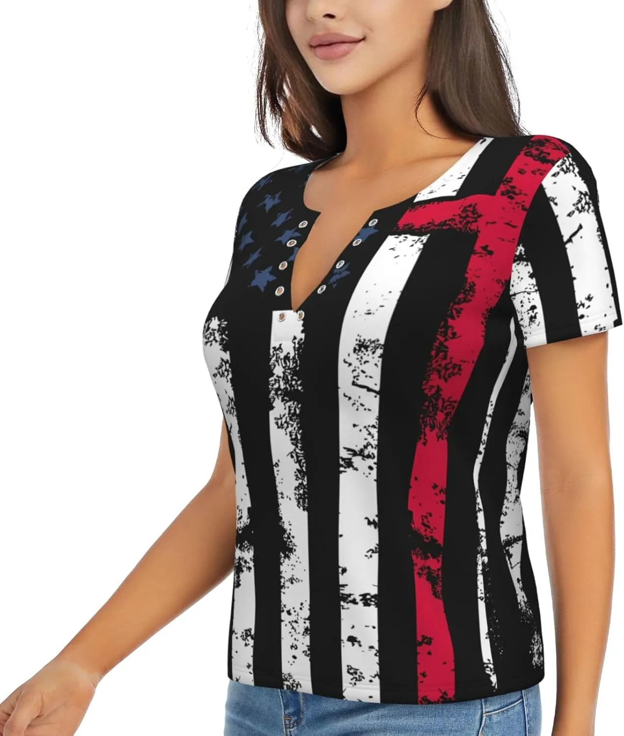 Retro American Football Womens Deep v Neck T-Shirts Short Sleeve Shirts Casual Tee Tops Slim Fit T-Shirt