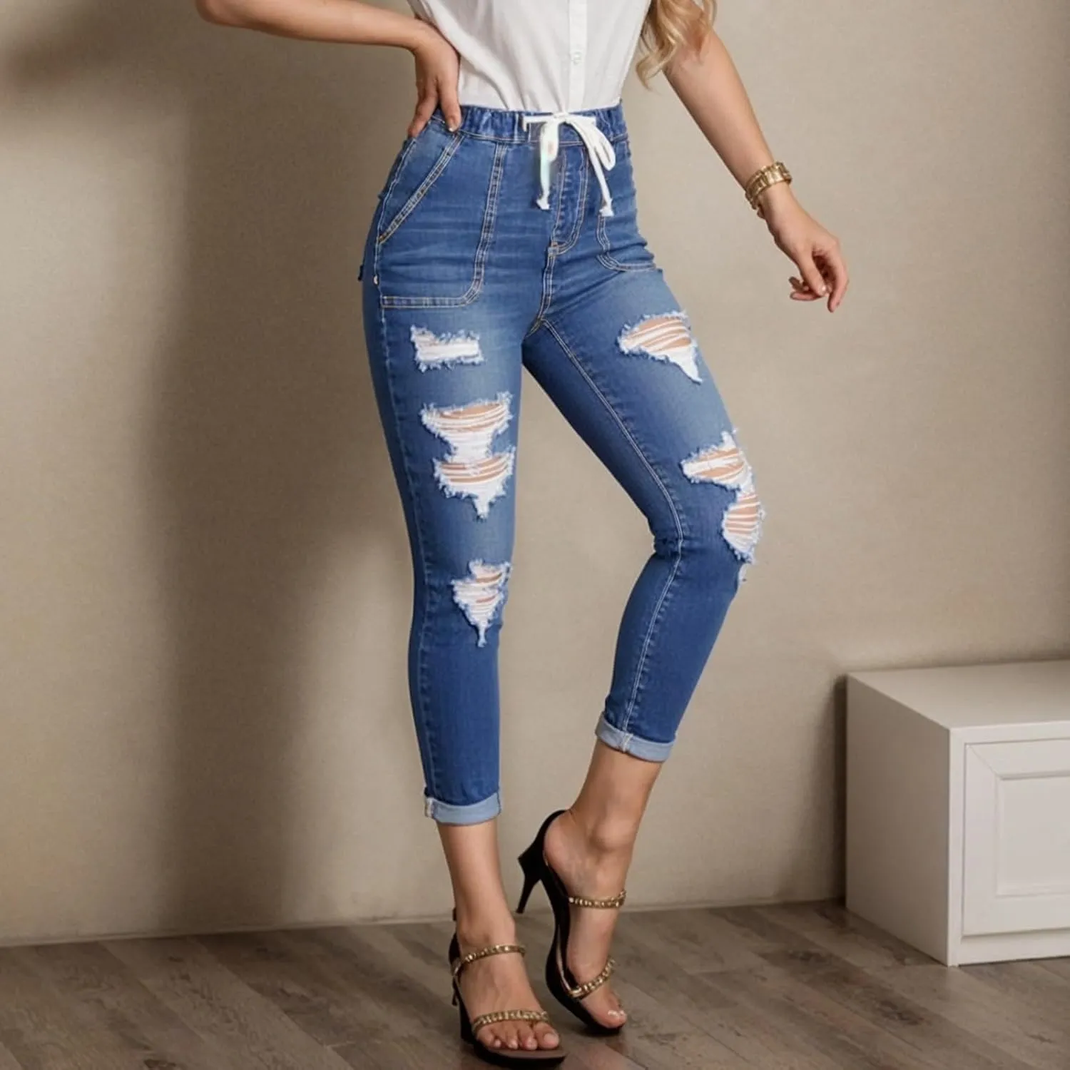 Ripped Jeans for Women Distressed High Waisted Drawstring Jeans Raw Hem Stretchy Denim Pants with Pockets Cropped Pants