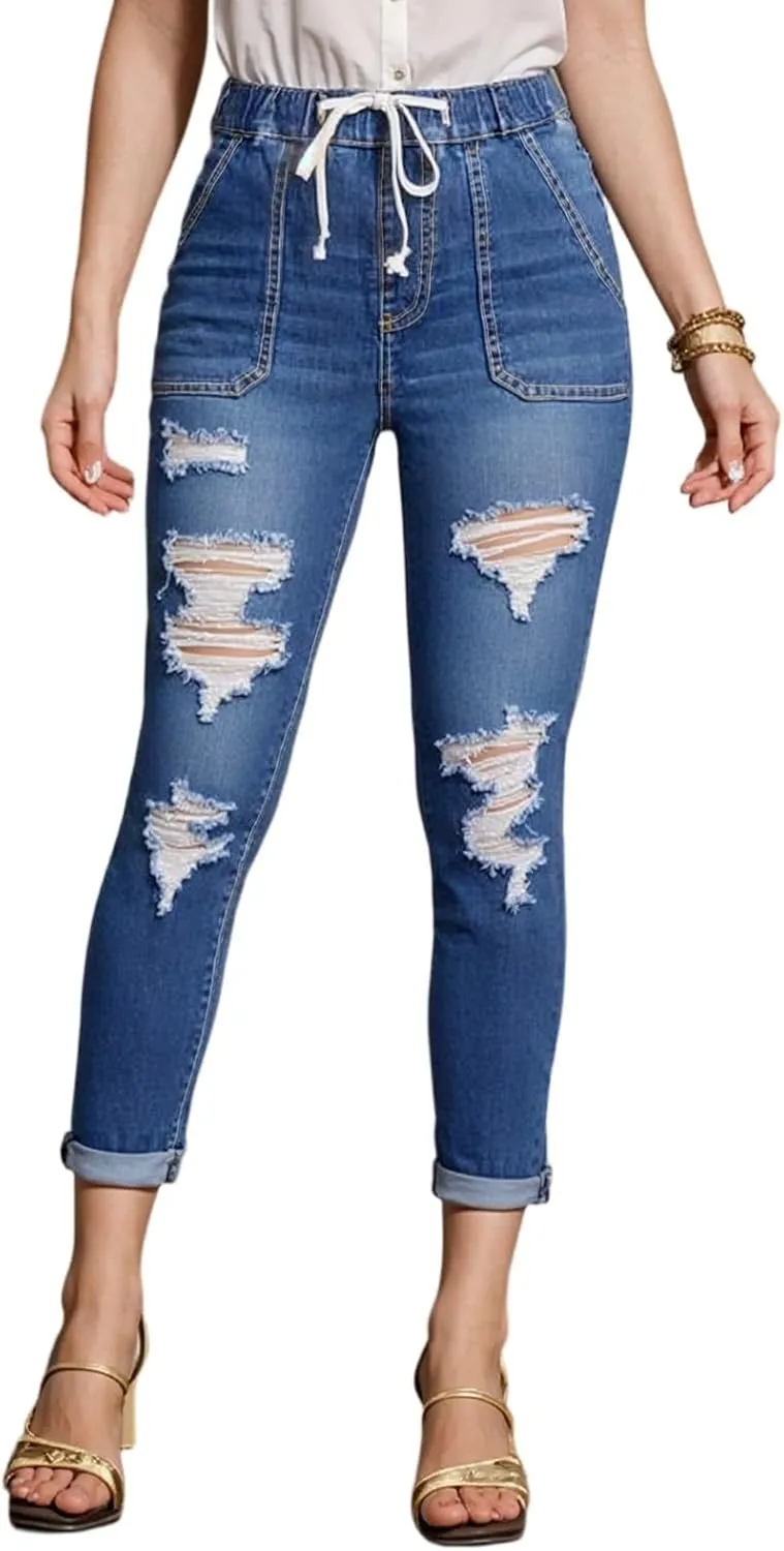 Ripped Jeans for Women Distressed High Waisted Drawstring Jeans Raw Hem Stretchy Denim Pants with Pockets Cropped Pants