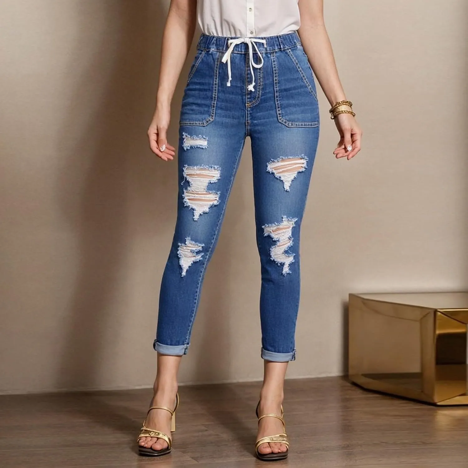 Ripped Jeans for Women Distressed High Waisted Drawstring Jeans Raw Hem Stretchy Denim Pants with Pockets Cropped Pants