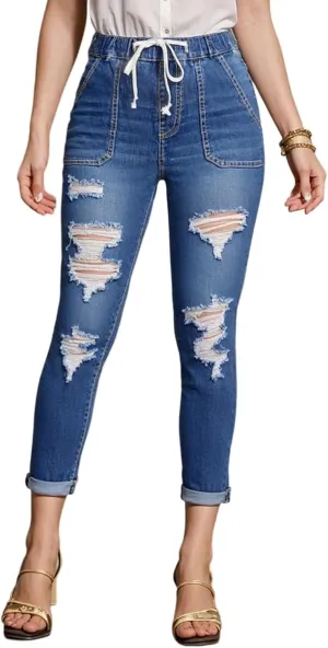 Ripped Jeans for Women Distressed High Waisted Drawstring Jeans Raw Hem Stretchy Denim Pants with Pockets Cropped Pants
