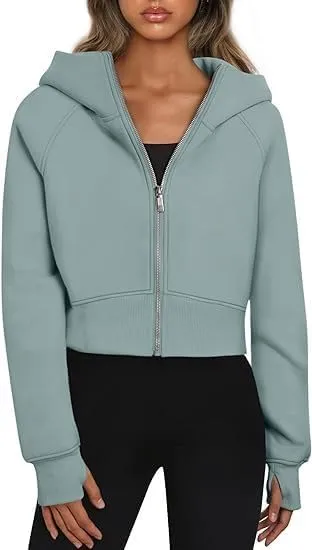 RONGTAI Women's Cropped Zip-Up Hoodie Fleece Lined Y2K Sweatshirt, Casual Short Winter Jacket, Comfy Fall Long Sleeve Top