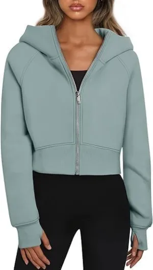 RONGTAI Women's Cropped Zip-Up Hoodie Fleece Lined Y2K Sweatshirt, Casual Short Winter Jacket, Comfy Fall Long Sleeve Top