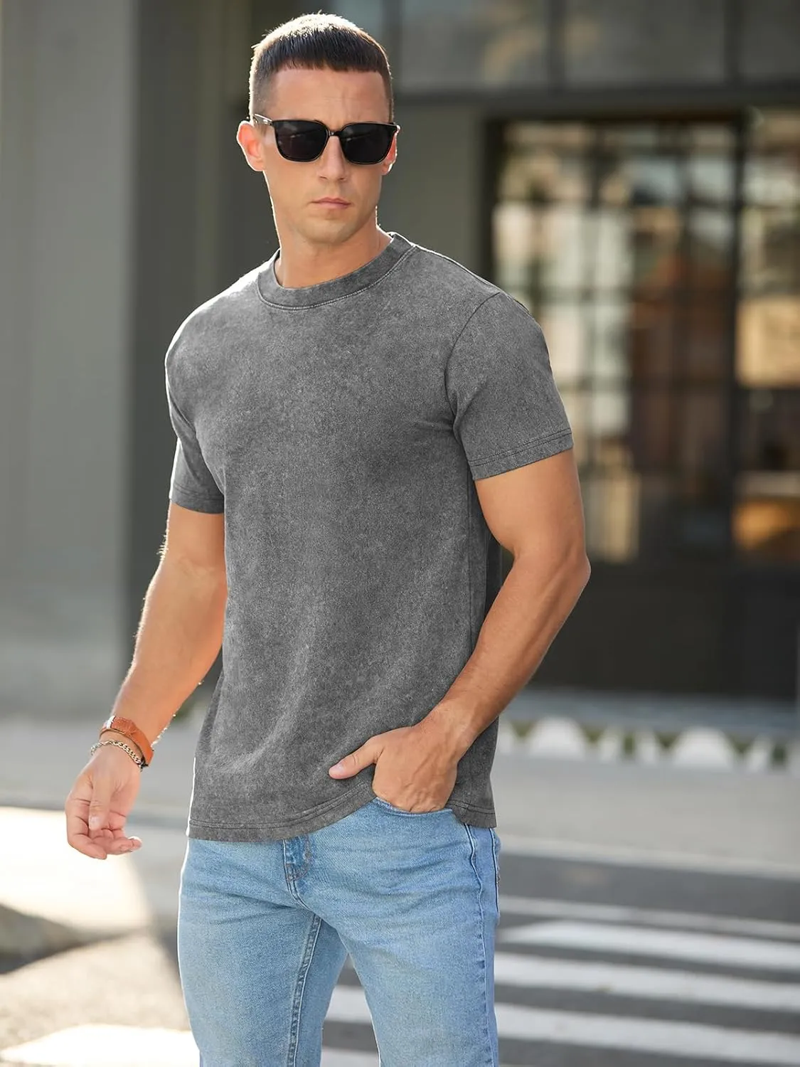 RQP Men's Cotton Shirts Vintage Washed Shirt Relaxed Fit Distressed Casual Short Sleeve for Streetwear & Daily Outfits