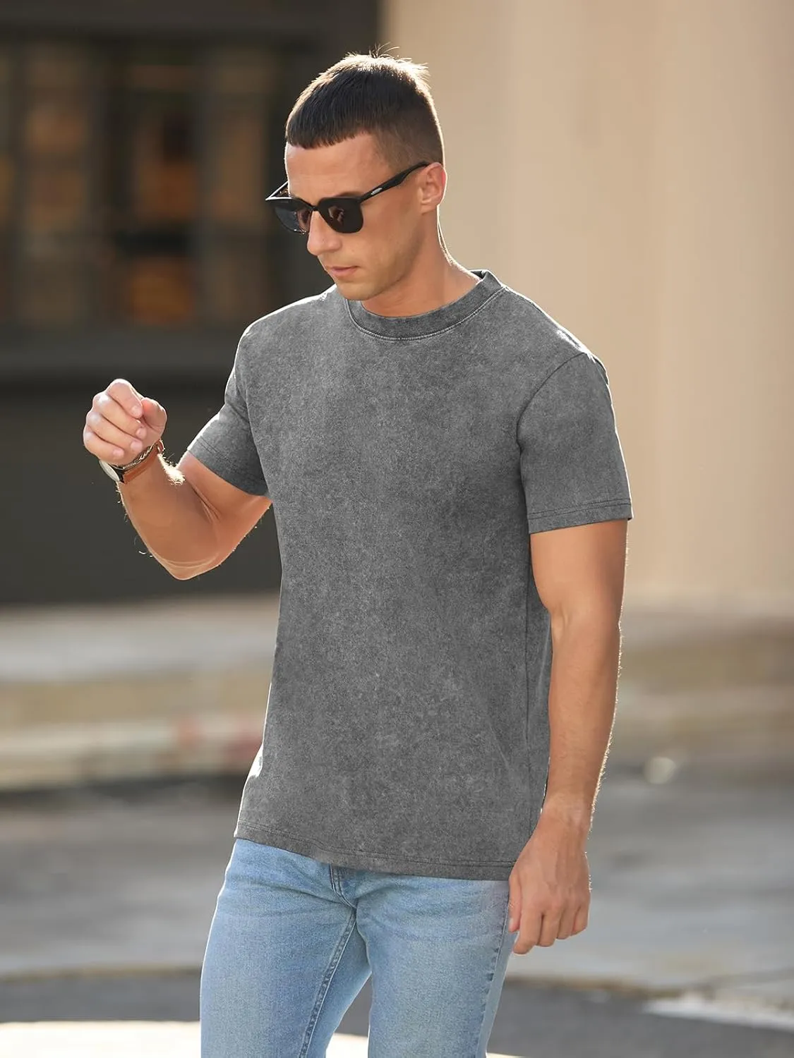 RQP Men's Cotton Shirts Vintage Washed Shirt Relaxed Fit Distressed Casual Short Sleeve for Streetwear & Daily Outfits