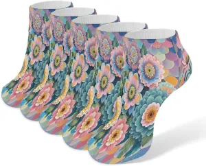 Scales And Flowers Pattern 5 Pairs Ankle Socks Comfort Athletic Socks Low Cut Breathable Casual Sock for Unisex