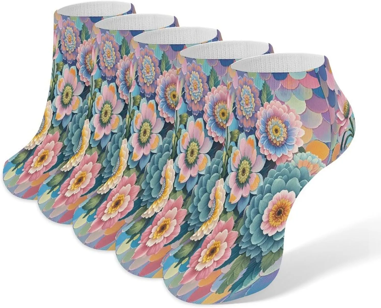Scales And Flowers Pattern 5 Pairs Ankle Socks Comfort Athletic Socks Low Cut Breathable Casual Sock for Unisex