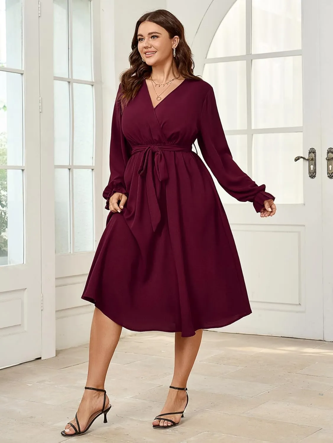 SCOMCHIC Womens Plus Size Wedding Guest Cocktail Midi Dress Winter Long Sleeve Wrap V Neck Belted A-Line Flowy Party Dress