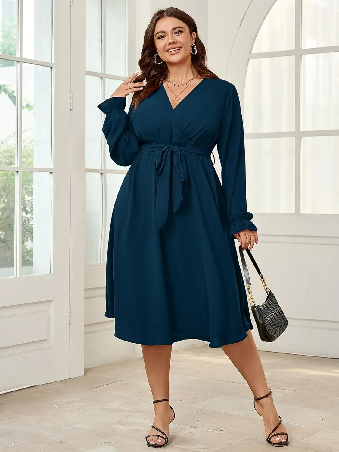 SCOMCHIC Womens Plus Size Wedding Guest Cocktail Midi Dress Winter Long Sleeve Wrap V Neck Belted A-Line Flowy Party Dress