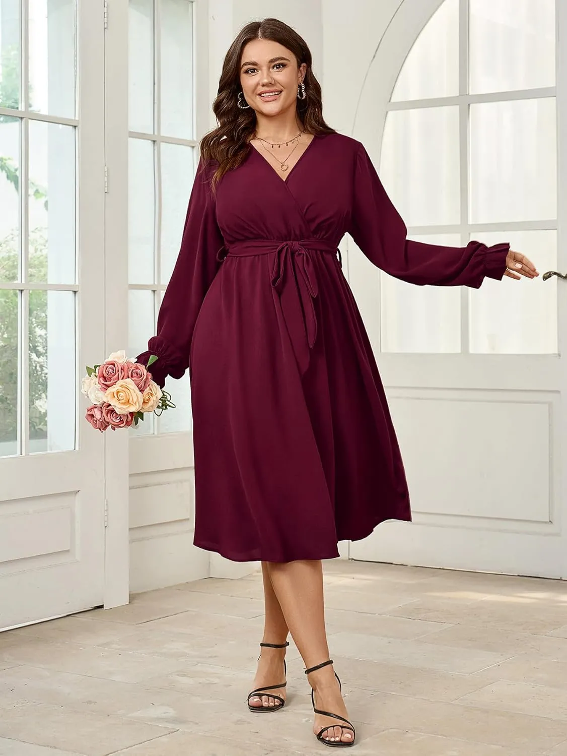 SCOMCHIC Womens Plus Size Wedding Guest Cocktail Midi Dress Winter Long Sleeve Wrap V Neck Belted A-Line Flowy Party Dress