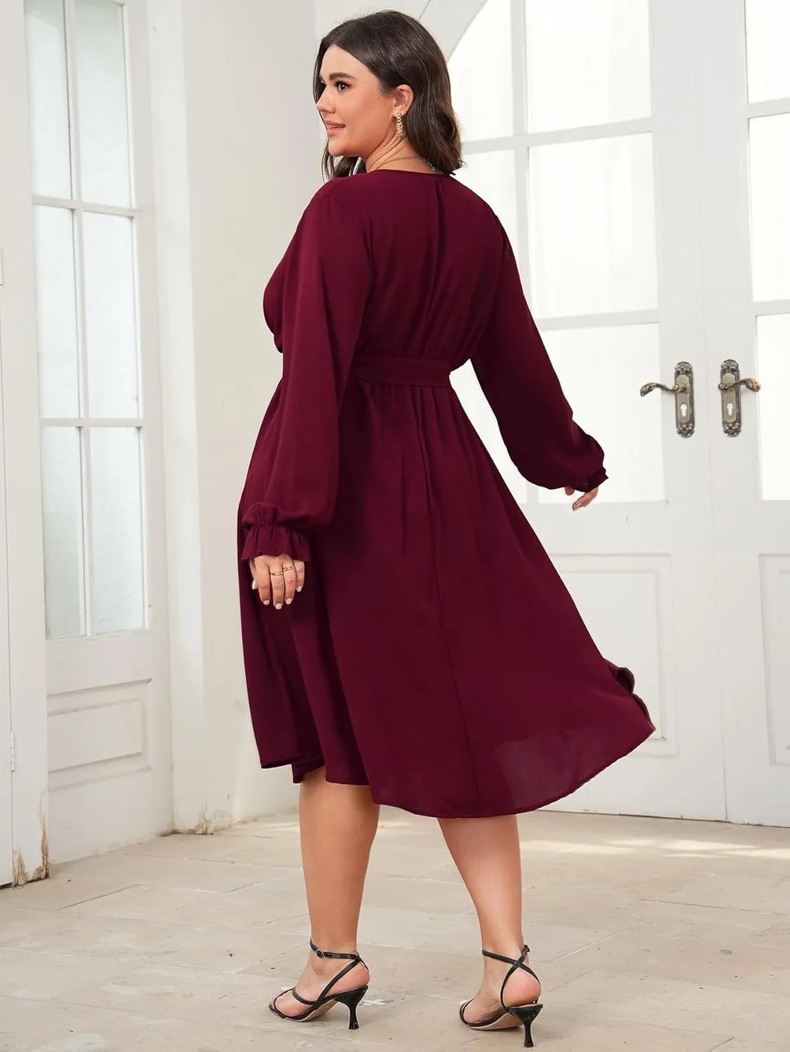 SCOMCHIC Womens Plus Size Wedding Guest Cocktail Midi Dress Winter Long Sleeve Wrap V Neck Belted A-Line Flowy Party Dress