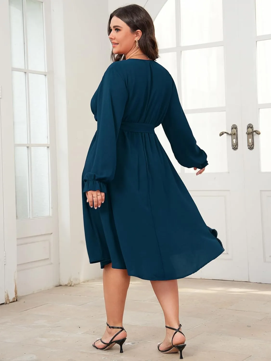 SCOMCHIC Womens Plus Size Wedding Guest Cocktail Midi Dress Winter Long Sleeve Wrap V Neck Belted A-Line Flowy Party Dress